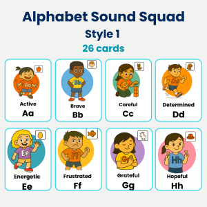 Alphabet Sound Squad phonics cards with letters A–Z and emotions